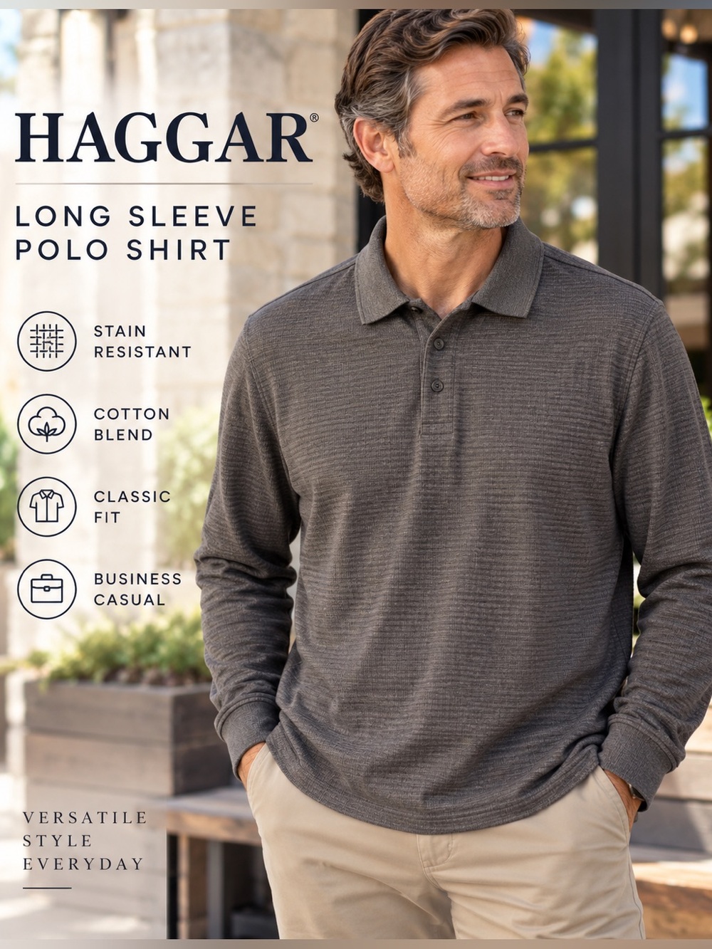 Haggar Men’s XL Long Sleeve Textured Polo Gray Stain Resistant Cotton Blend
